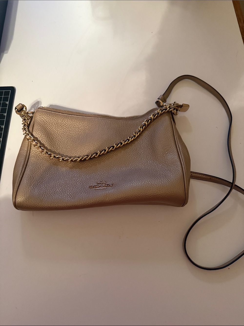 Coach Pebbled Leather Shoulder Bag in Taupe with Gold Chain - Picture 1 of 3